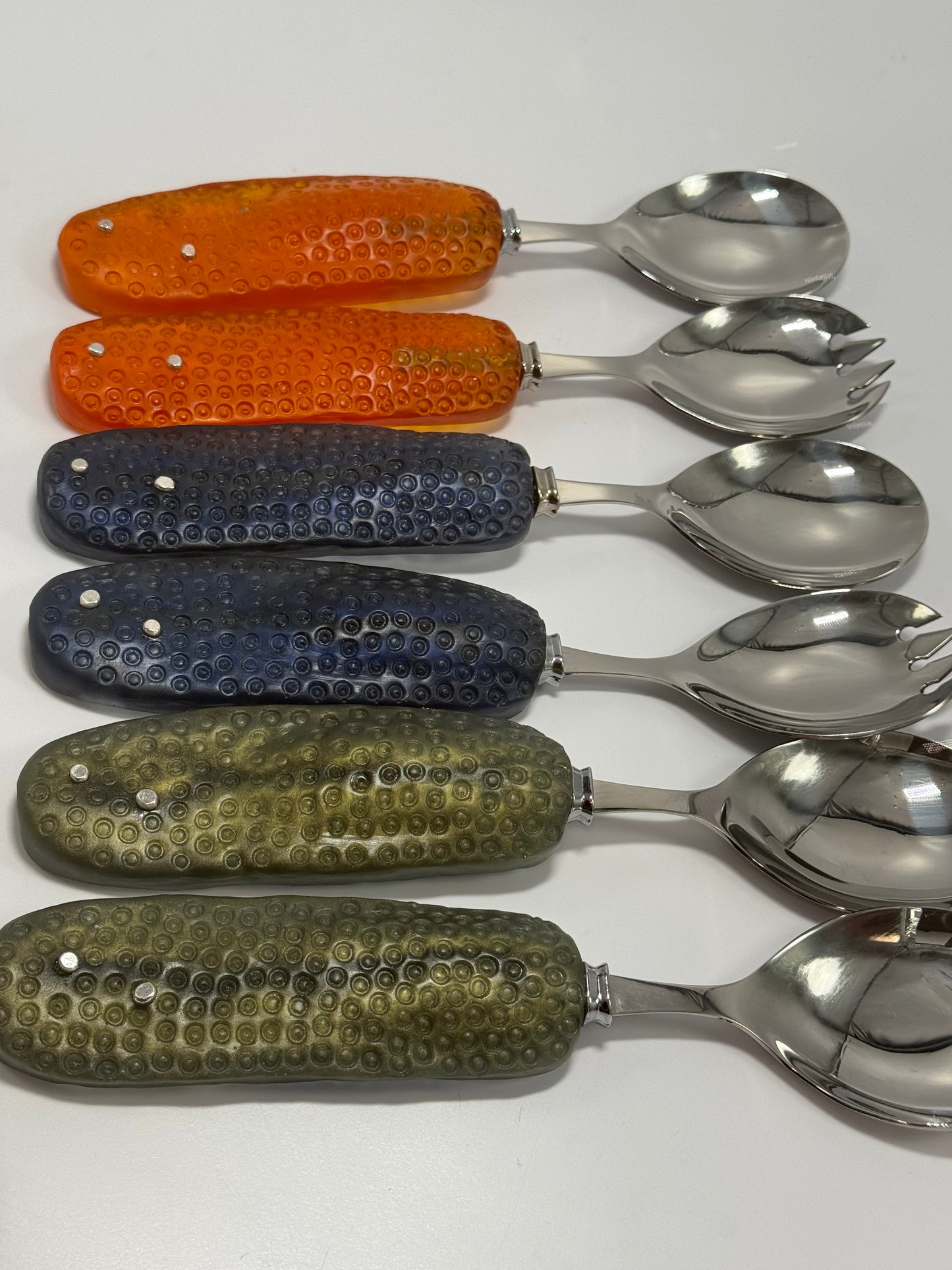 Salad Servers - Translucent Orange resin & silver with Spotty handle with Stainless steel spoon