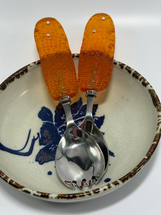 Salad Servers - Translucent Orange resin & silver with Spotty handle with Stainless steel spoon