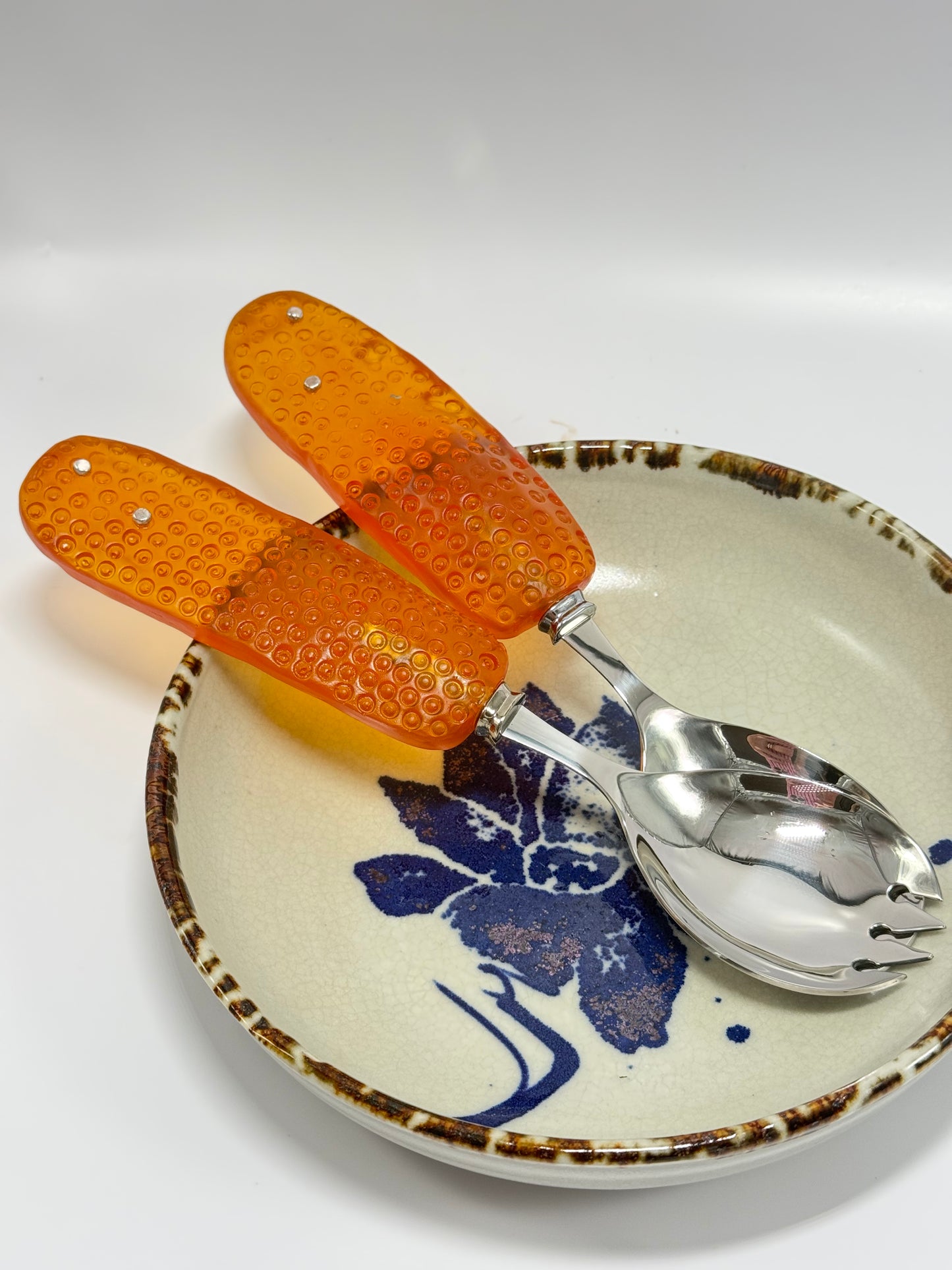 Salad Servers - Translucent Orange resin & silver with Spotty handle with Stainless steel spoon