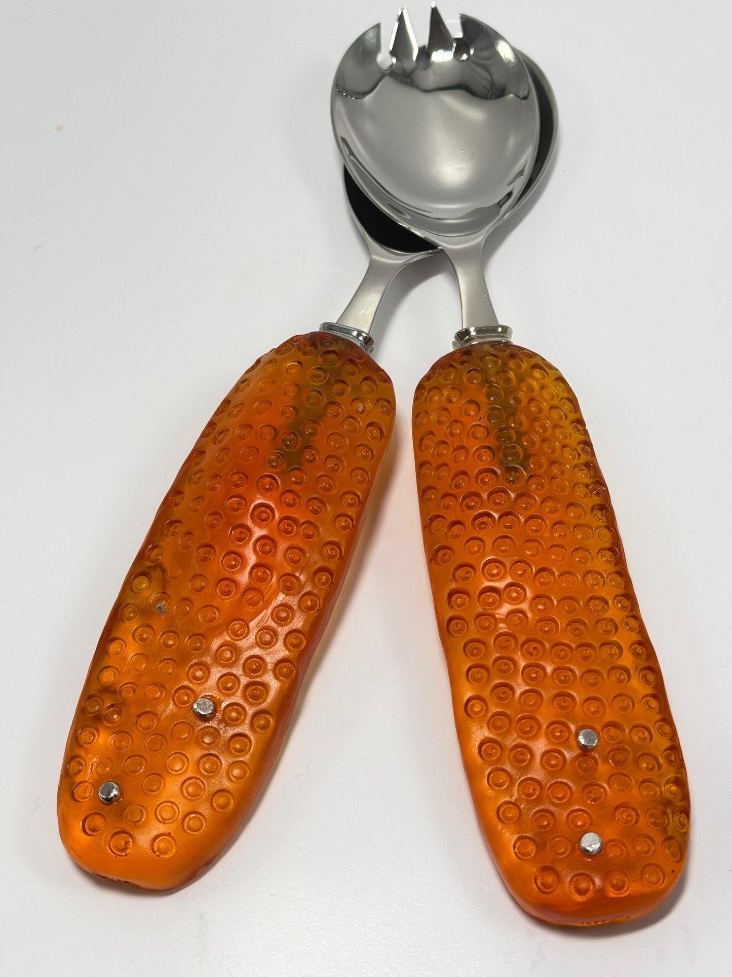 Salad Servers - Translucent Orange resin & silver with Spotty handle with Stainless steel spoon
