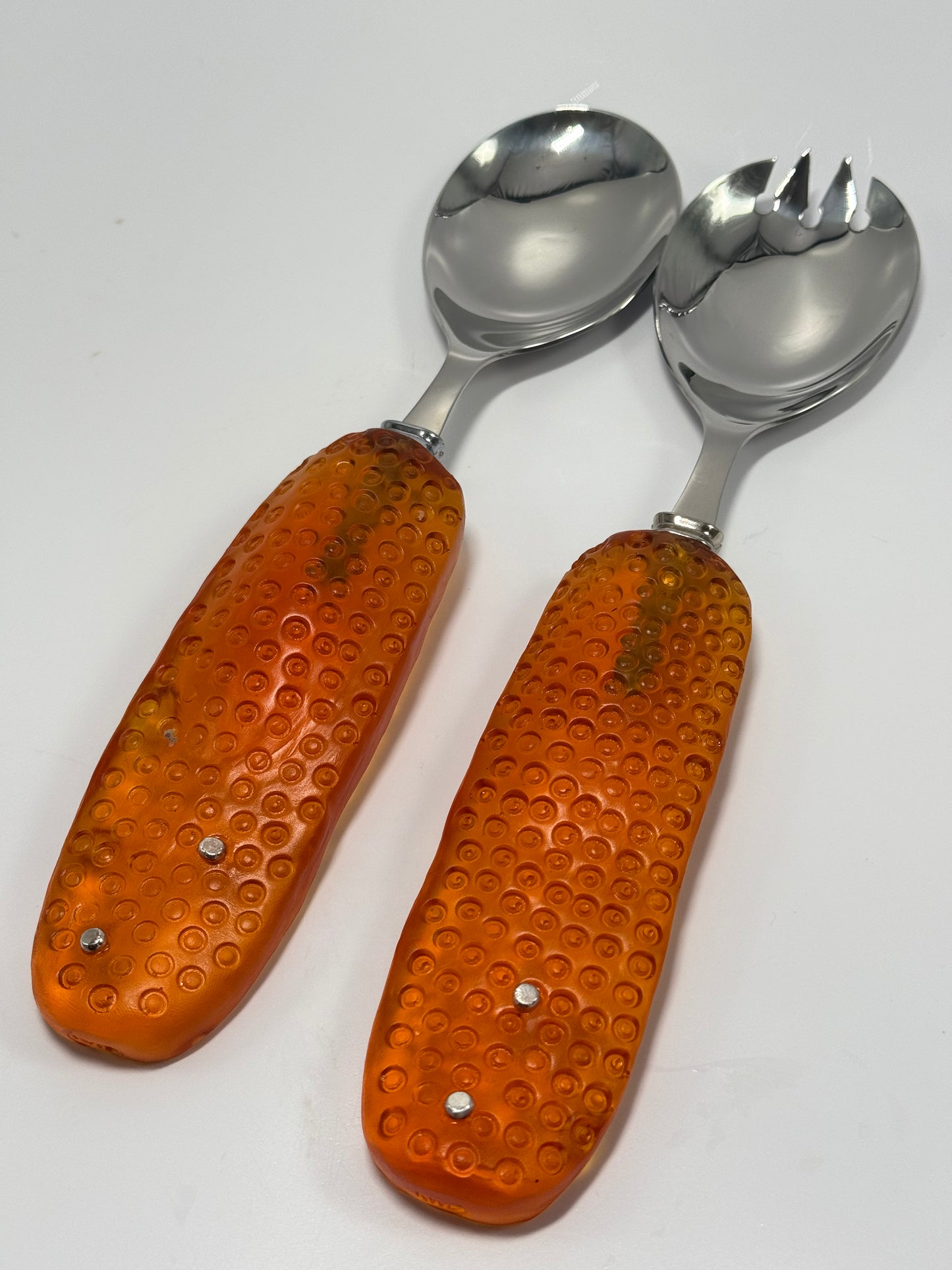 Salad Servers - Translucent Orange resin & silver with Spotty handle with Stainless steel spoon