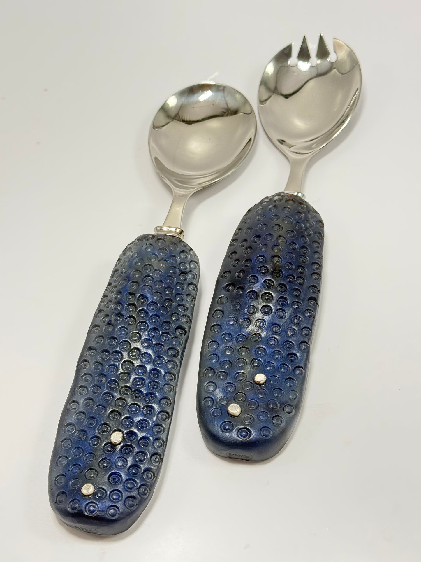 Salad Servers - Translucent Navy Blue resin & silver with Spotty handle with Stainless steel spoon