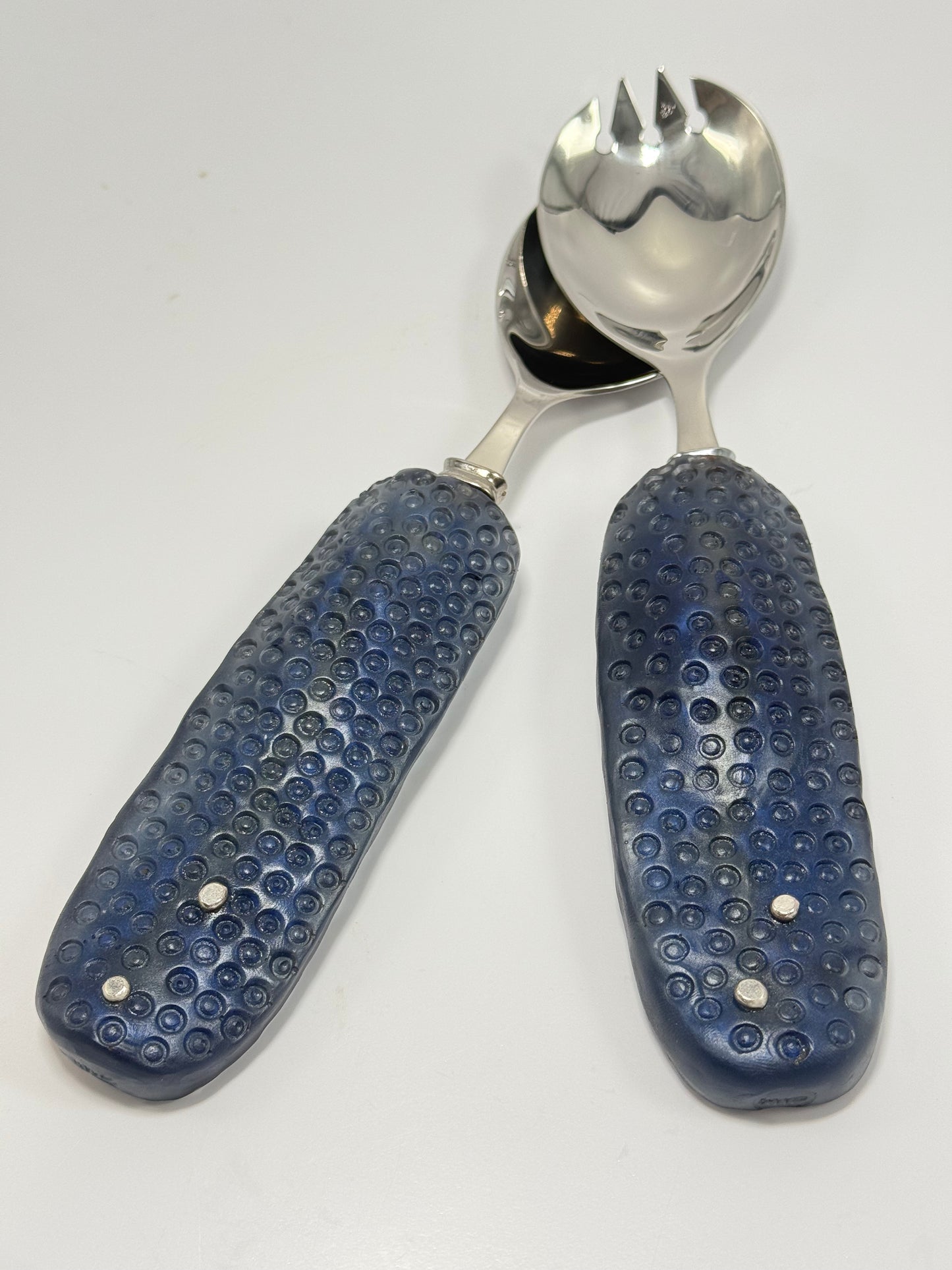Salad Servers - Translucent Navy Blue resin & silver with Spotty handle with Stainless steel spoon