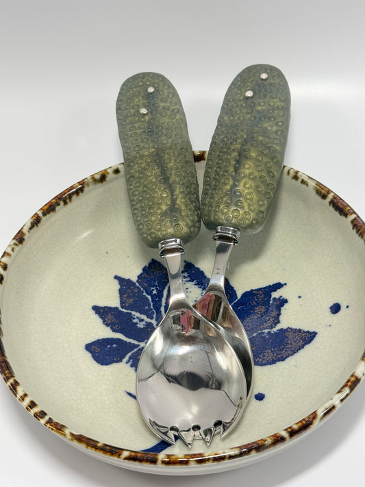 Salad Servers - Moss Green resin & silver with Spotty handle with Stainless steel spoon