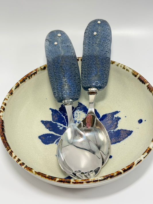 Salad Servers - Translucent Navy Blue resin & silver with Spotty handle with Stainless steel spoon