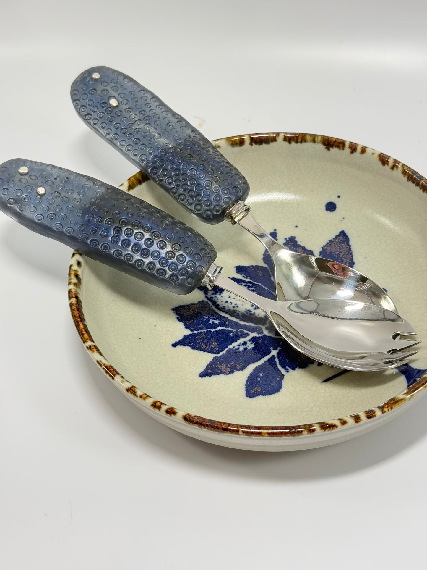Salad Servers - Translucent Navy Blue resin & silver with Spotty handle with Stainless steel spoon