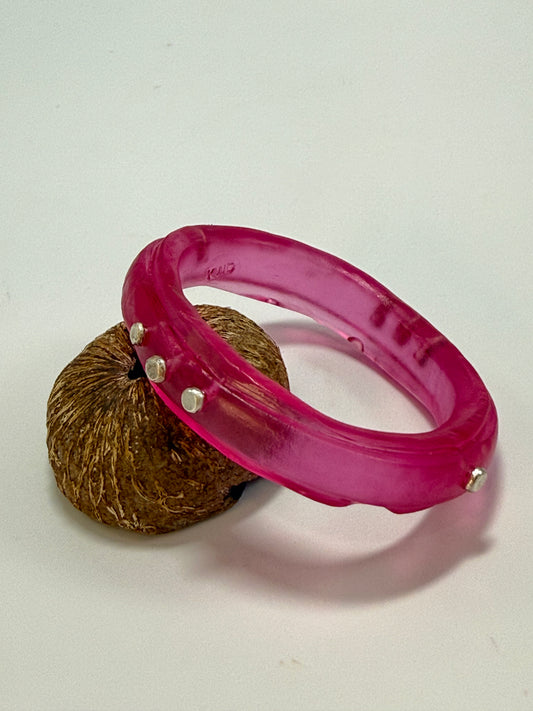 Translucent Strawberry Red resin rim bangle with sterling silver rivets