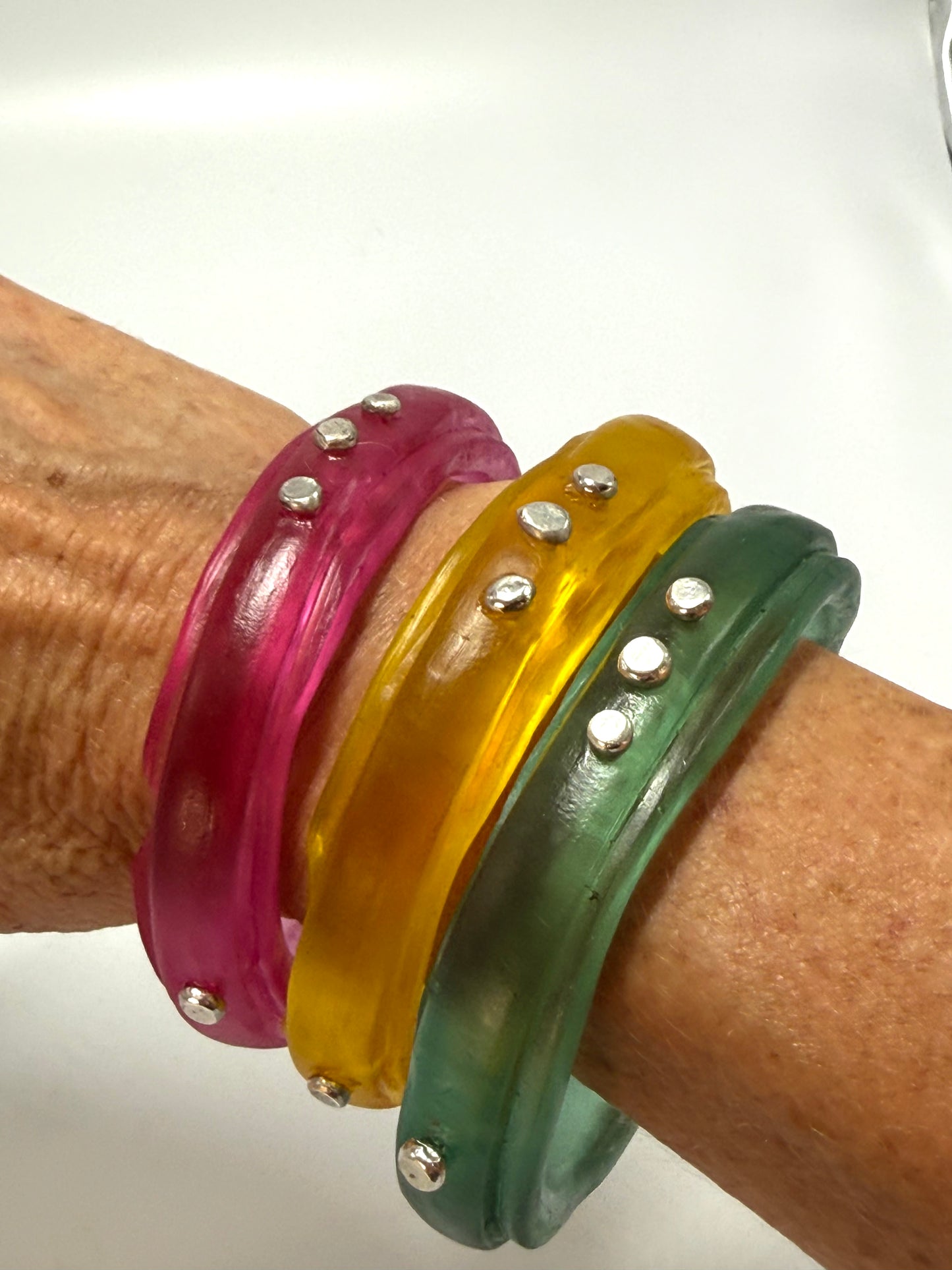 Translucent Yellow resin rim bangle with sterling silver rivets