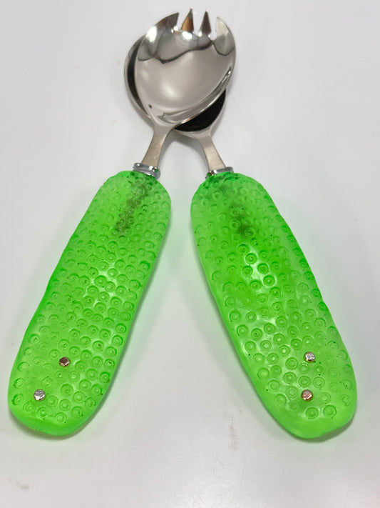 Salad Servers - Neon Green resin & silver with Spotty handle with Stainless steel spoon