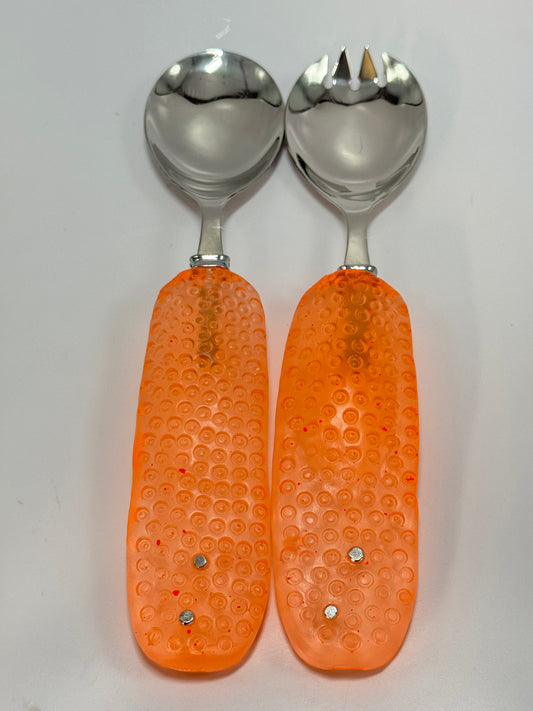 Salad Servers - Neon Orange resin & silver with Spotty handle with Stainless steel spoon