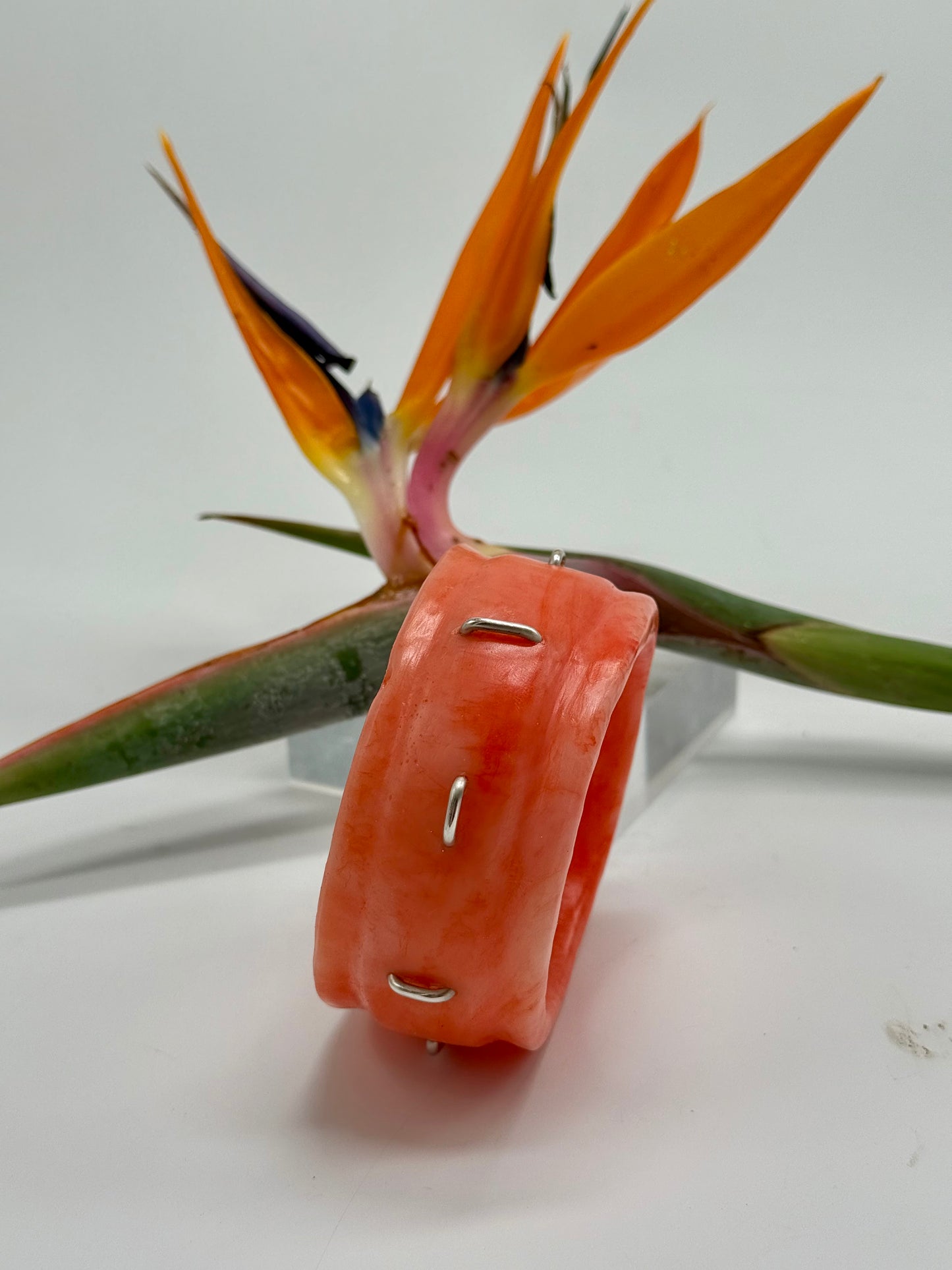 Orange/white Oval Thick Rim Resin & silver wide bangle - regular hand size