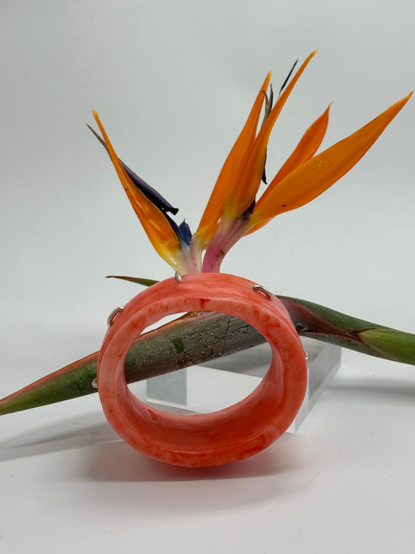 Orange/white Oval Thick Rim Resin & silver wide bangle - regular hand size