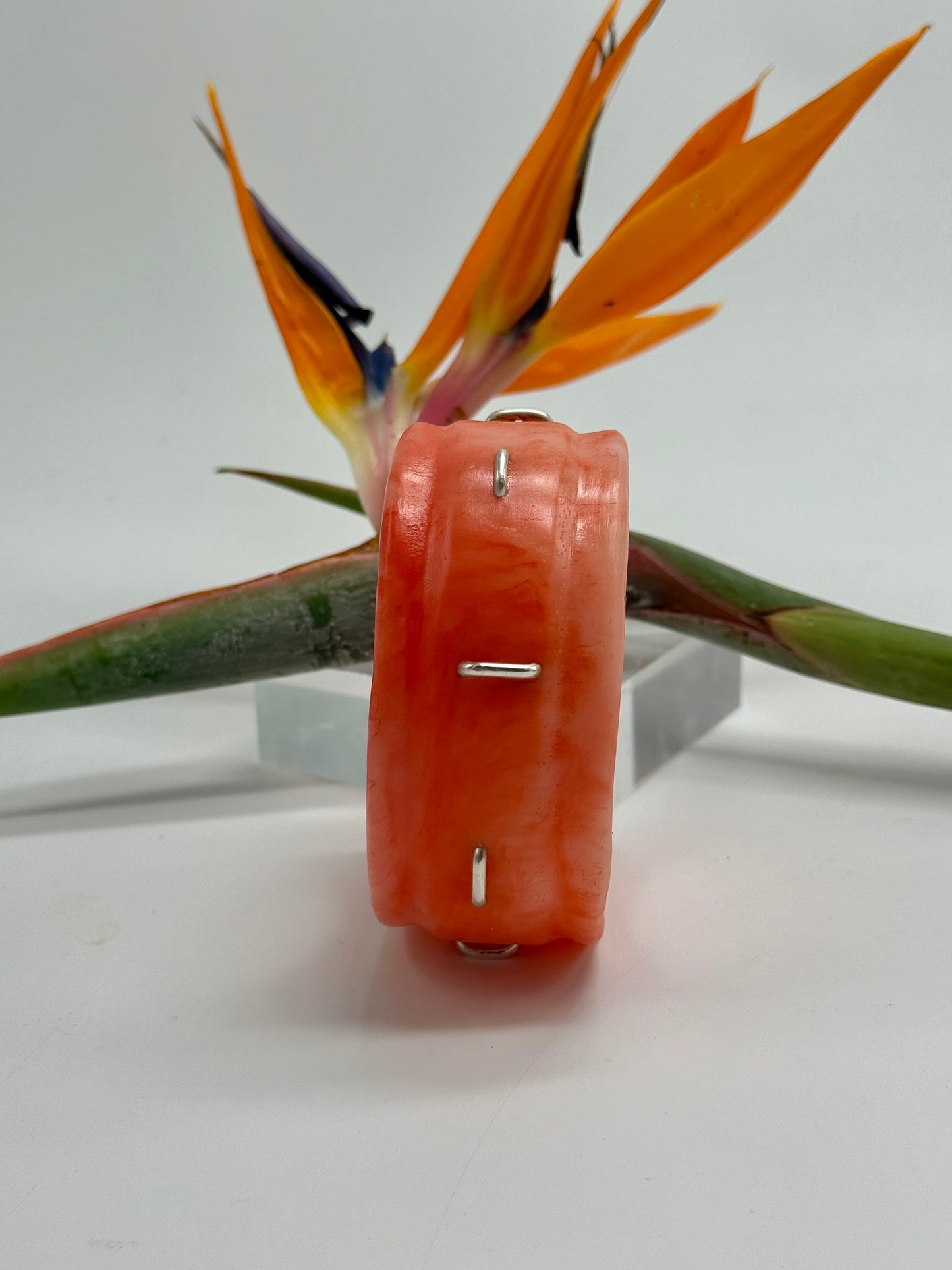 Orange/white Oval Thick Rim Resin & silver wide bangle - regular hand size