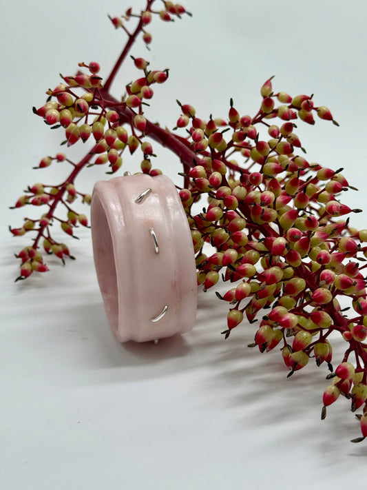 Mushroom Pink/Gold Oval Thick Rim Resin & silver wide bangle - regular hand size