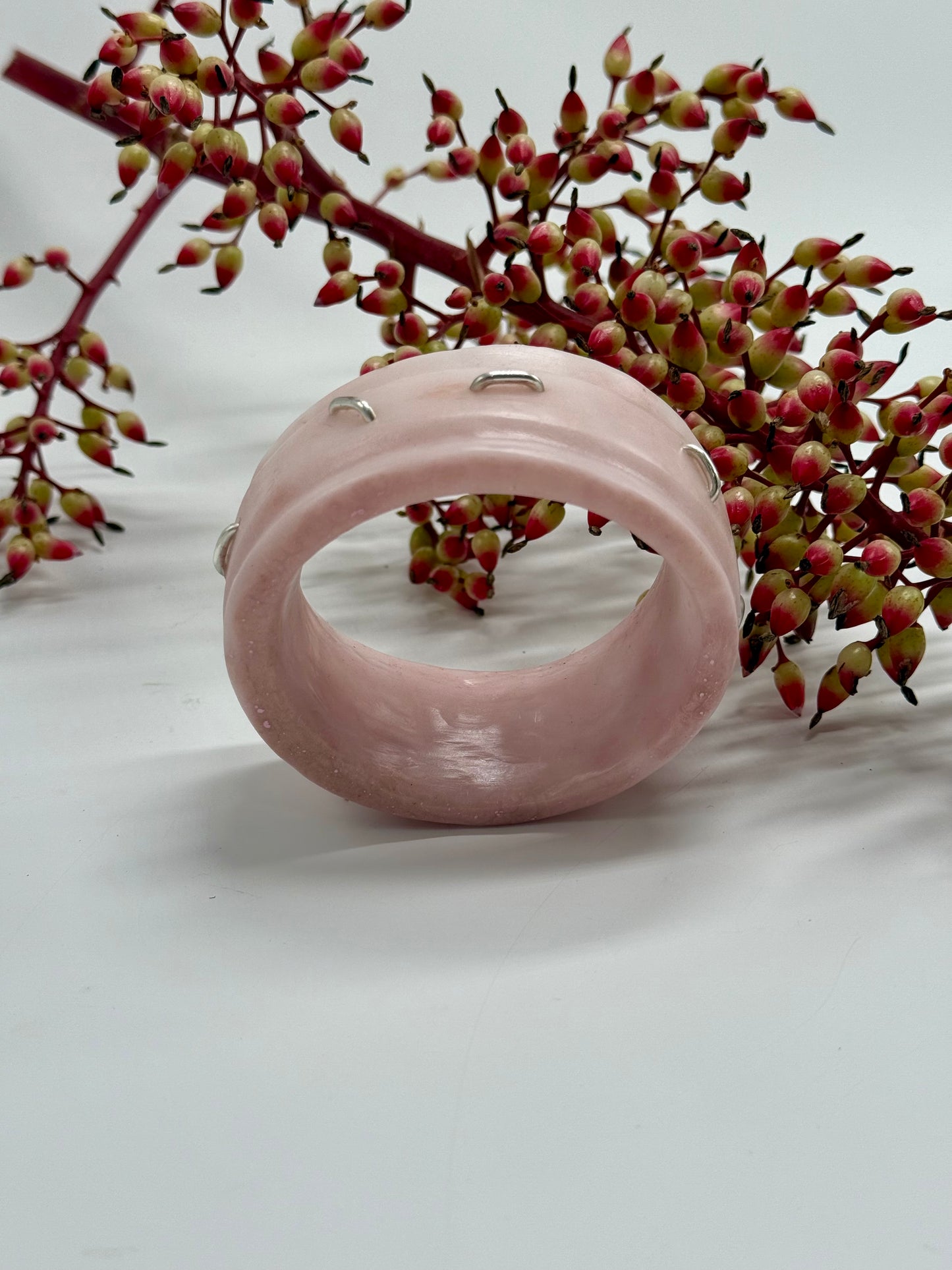 Mushroom Pink/Gold Oval Thick Rim Resin & silver wide bangle - regular hand size