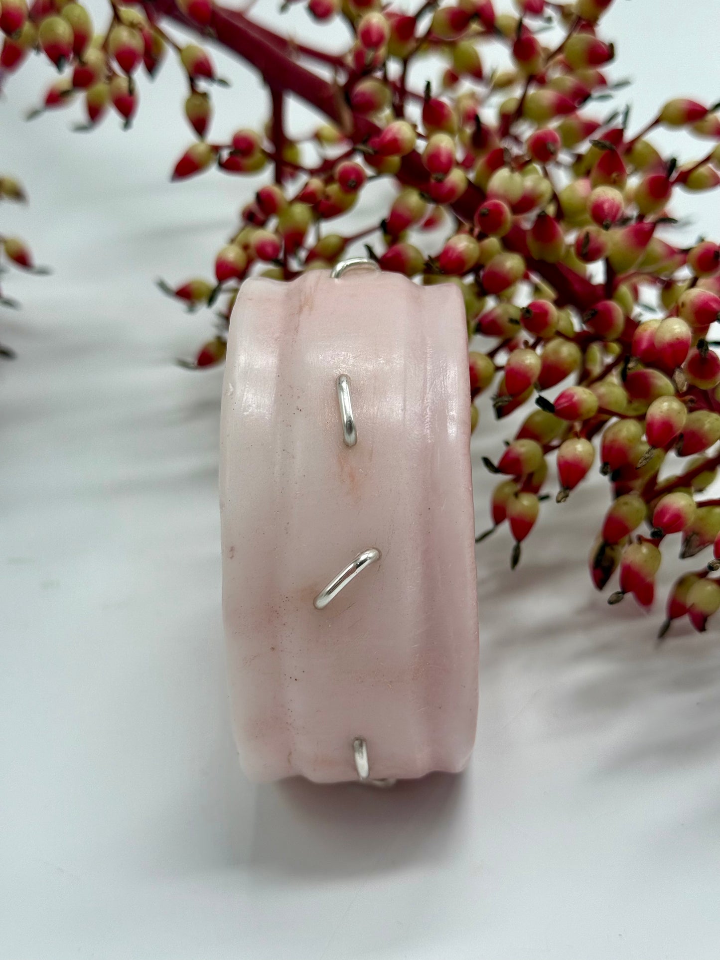 Mushroom Pink/Gold Oval Thick Rim Resin & silver wide bangle - regular hand size