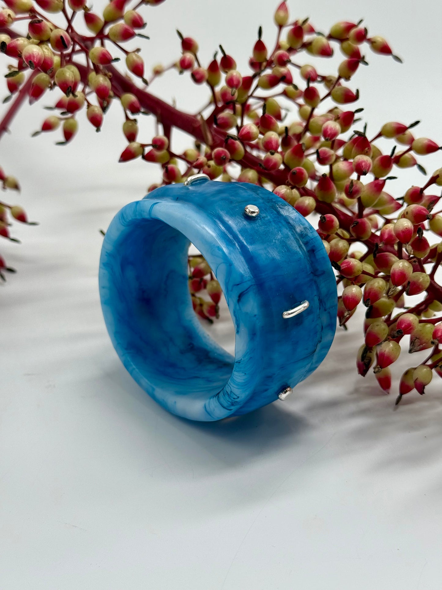 Blue/White Oval Thick Rim Resin & silver wide bangle - regular hand size