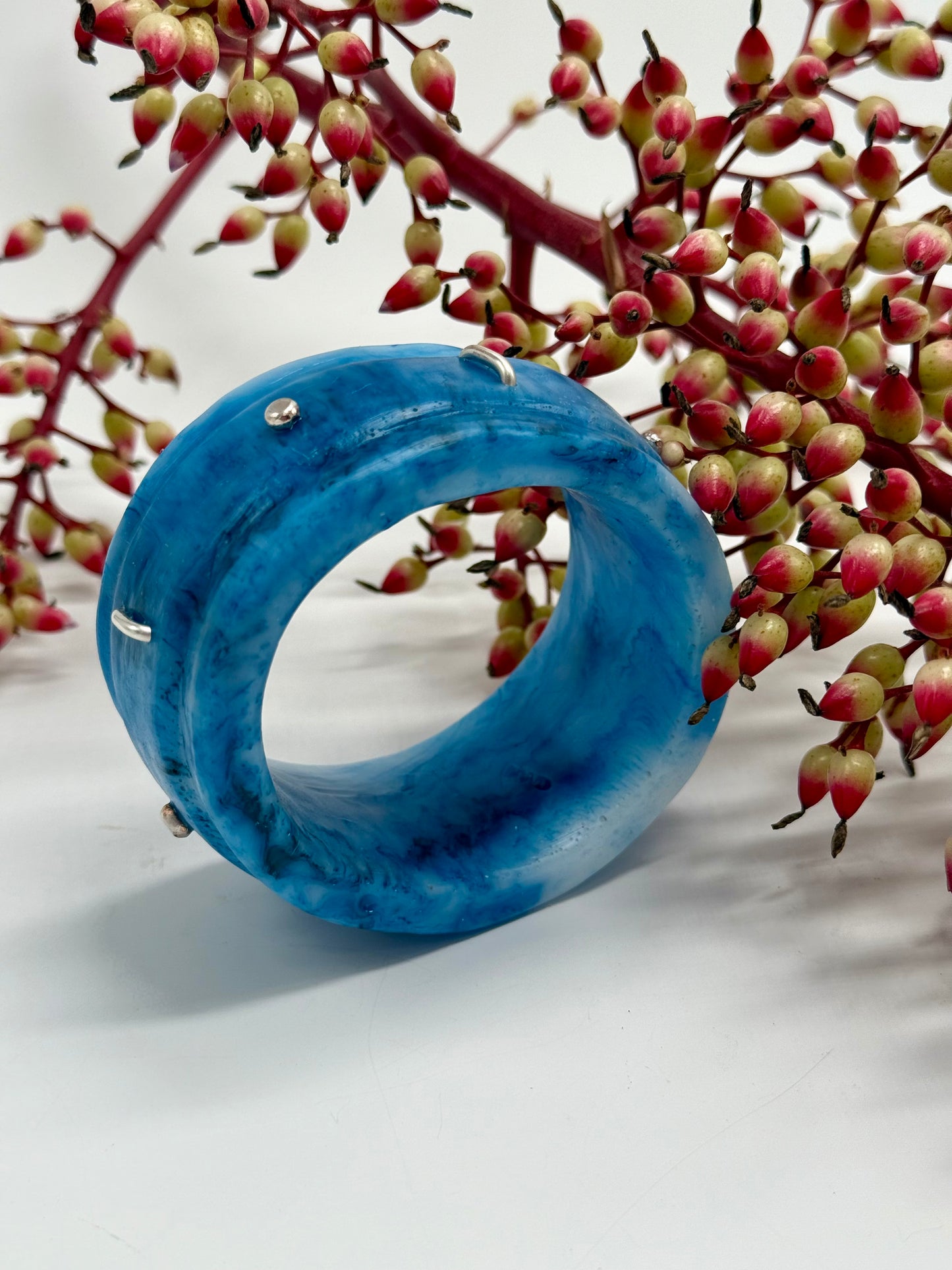 Blue/White Oval Thick Rim Resin & silver wide bangle - regular hand size