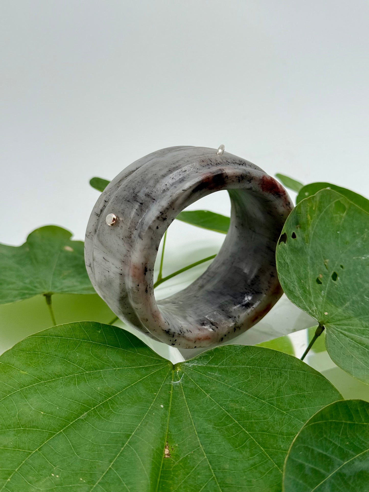 Black/White/Grey Oval Thick Rim Resin & silver wide bangle - regular hand size