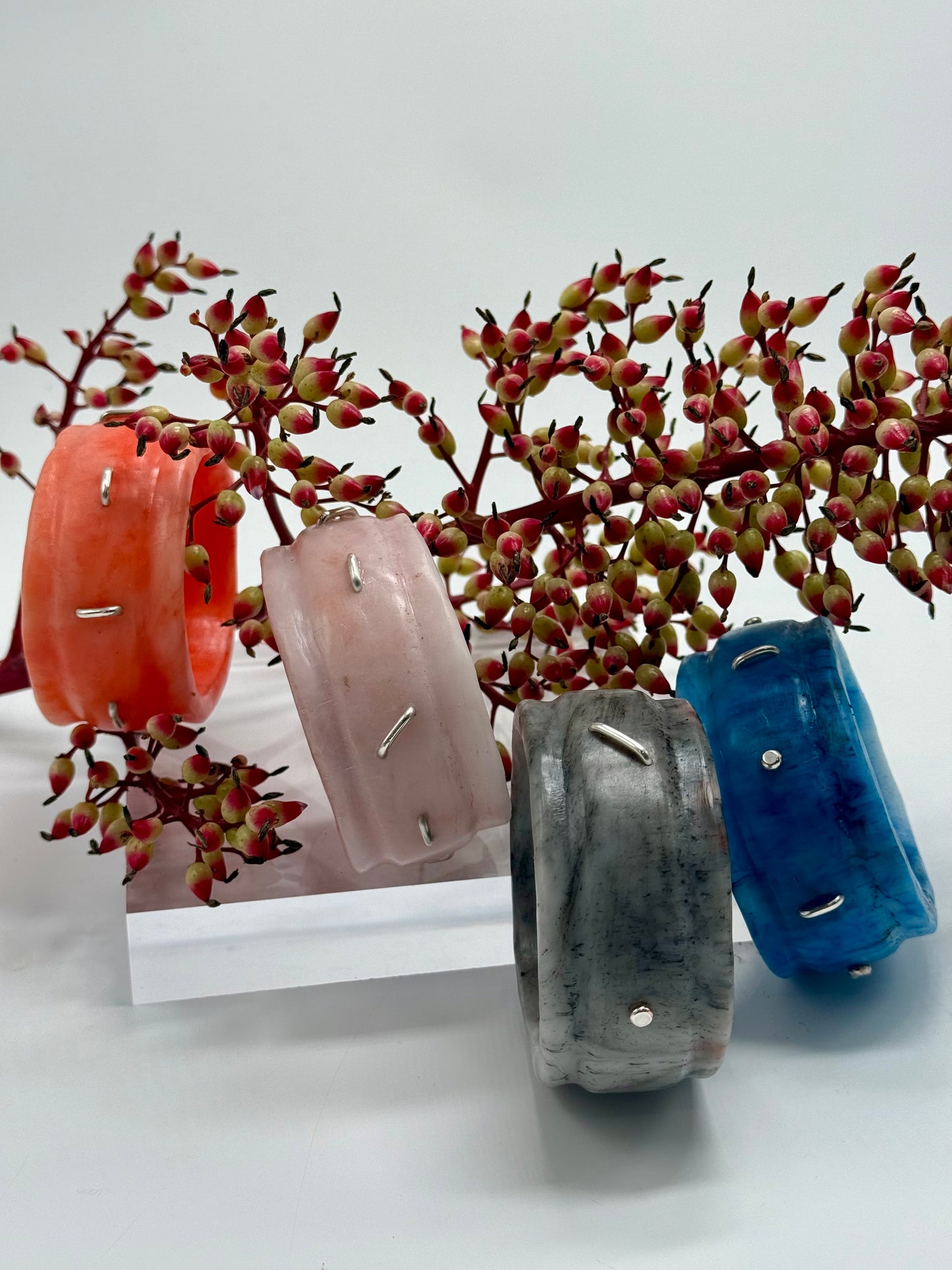Orange/white Oval Thick Rim Resin & silver wide bangle - regular hand size