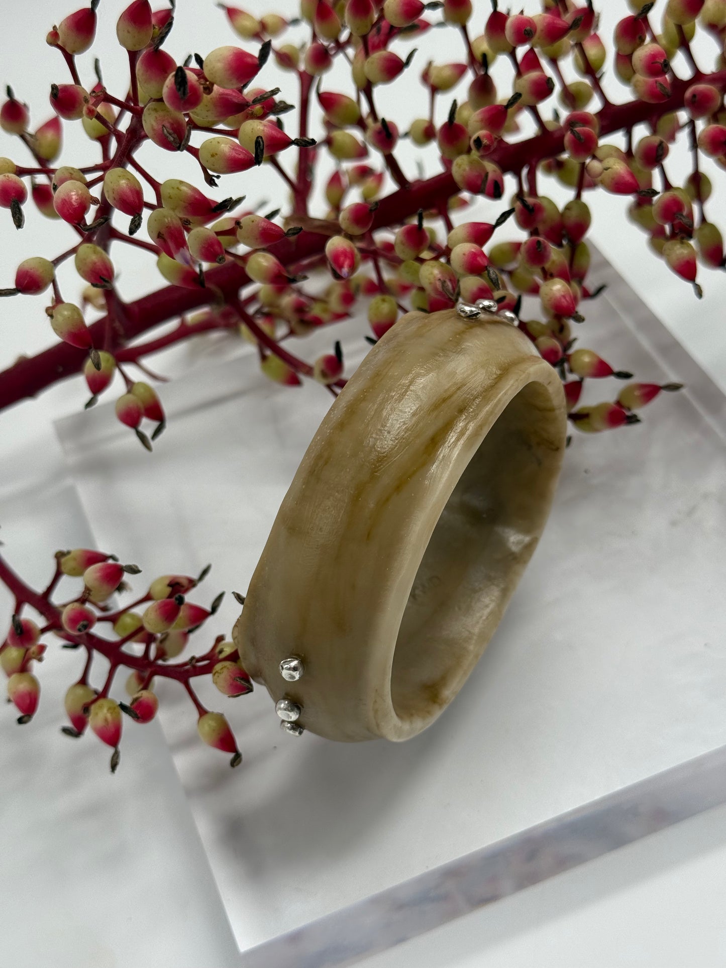 Coffee coloured Resin & silver wide bangle - regular hand size