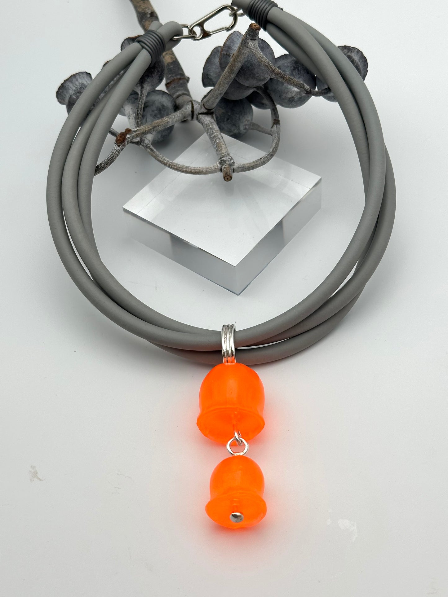 Triple Rubber Choker with Neon Orange & Silver Gum nut pendant
