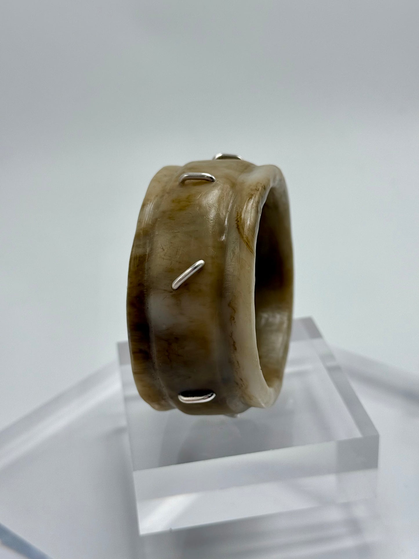 Coffee Oval Thick Rim Resin & silver wide bangle - regular hand size
