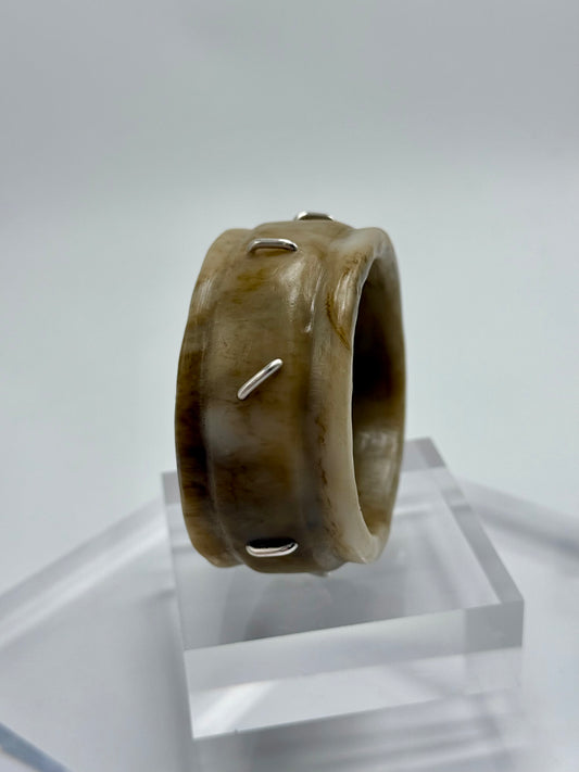 Coffee Oval Thick Rim Resin & silver wide bangle - regular hand size