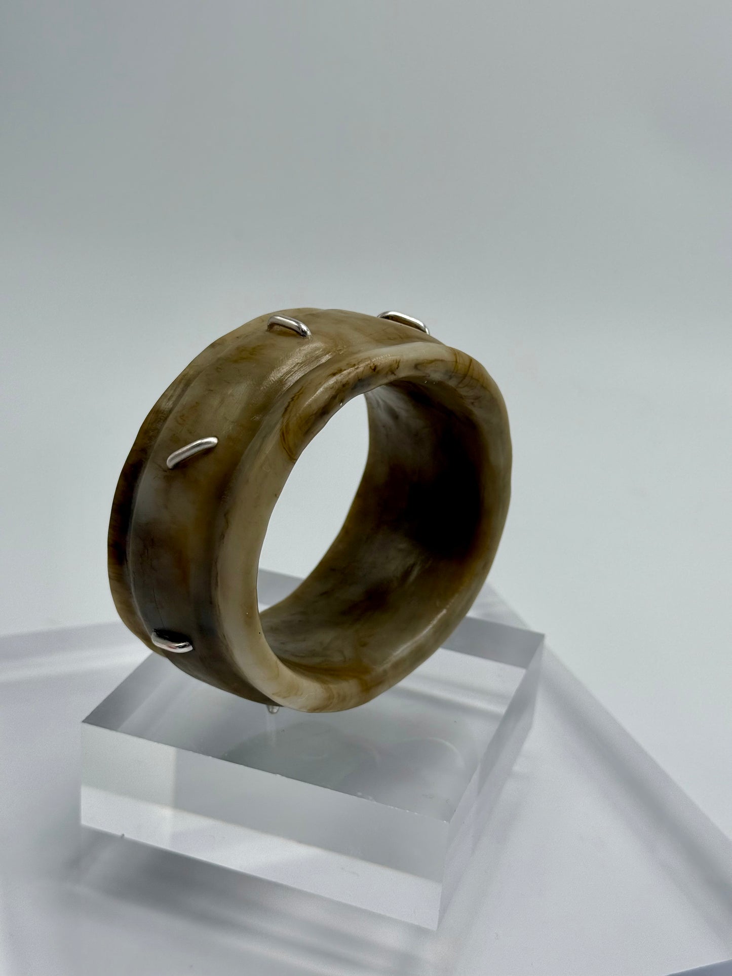 Coffee Oval Thick Rim Resin & silver wide bangle - regular hand size