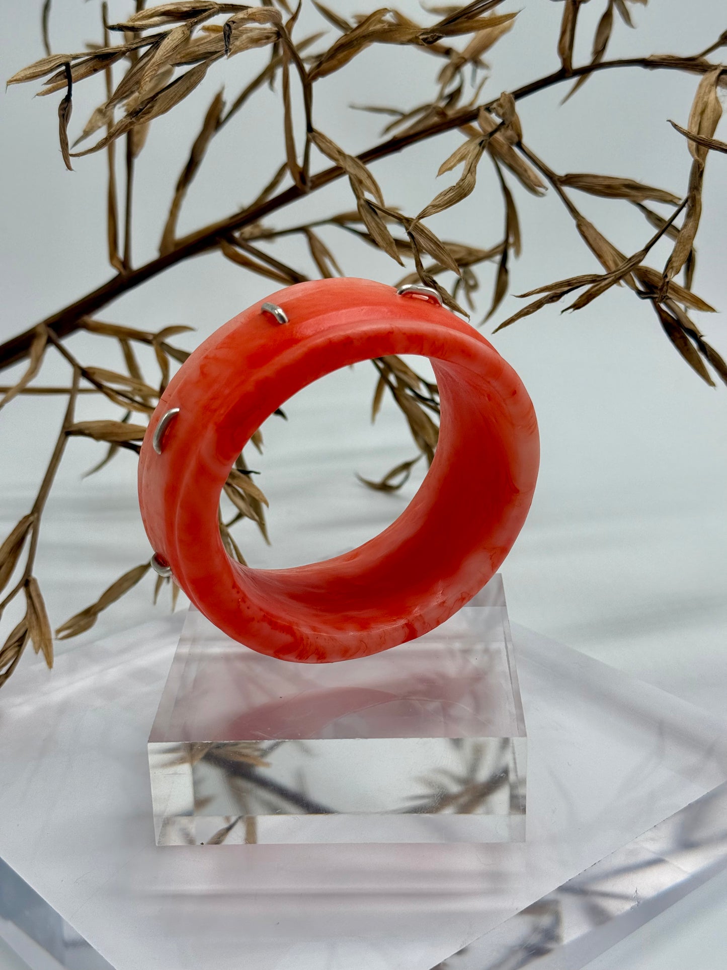 Orange/apricot Oval Thick Rim Resin & silver wide bangle - regular hand size