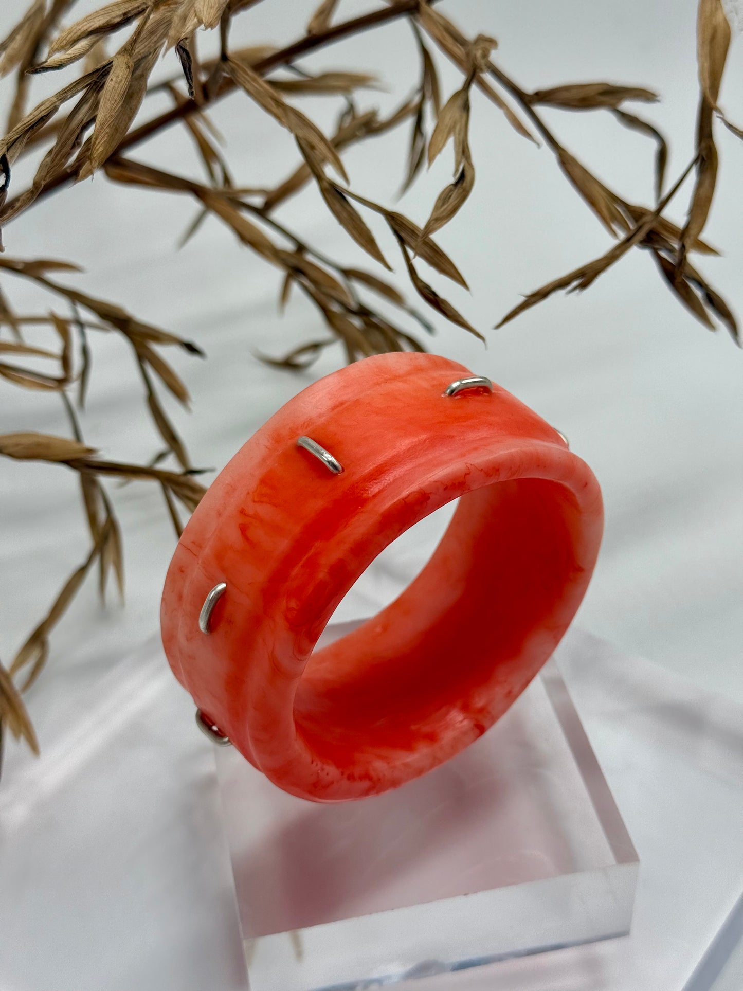 Orange/apricot Oval Thick Rim Resin & silver wide bangle - regular hand size