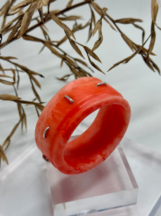 Orange/apricot Oval Thick Rim Resin & silver wide bangle - regular hand size