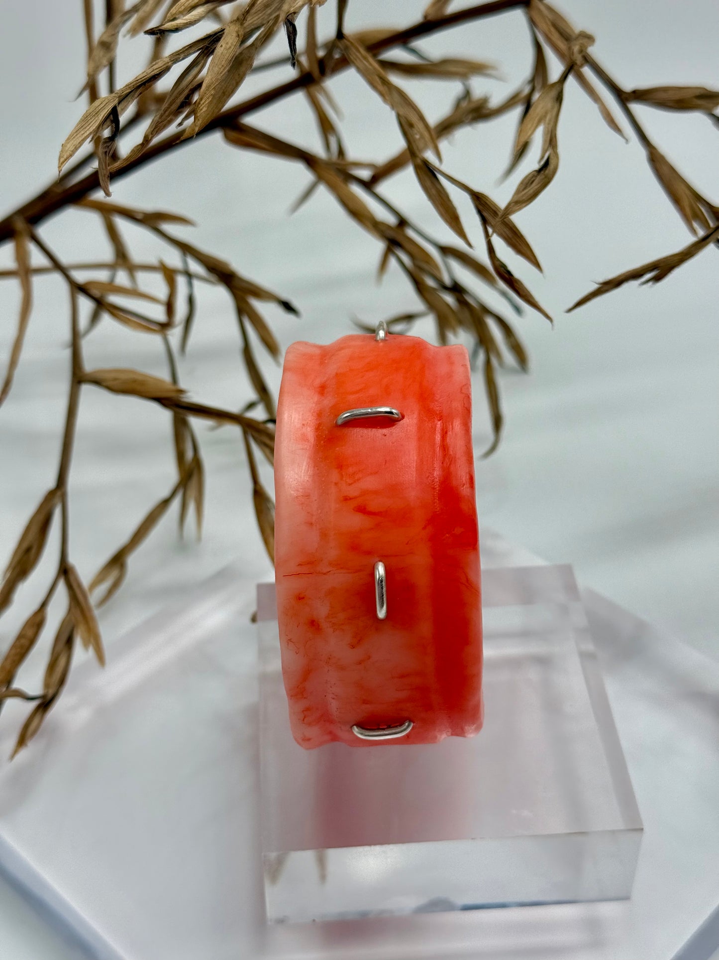 Orange/apricot Oval Thick Rim Resin & silver wide bangle - regular hand size