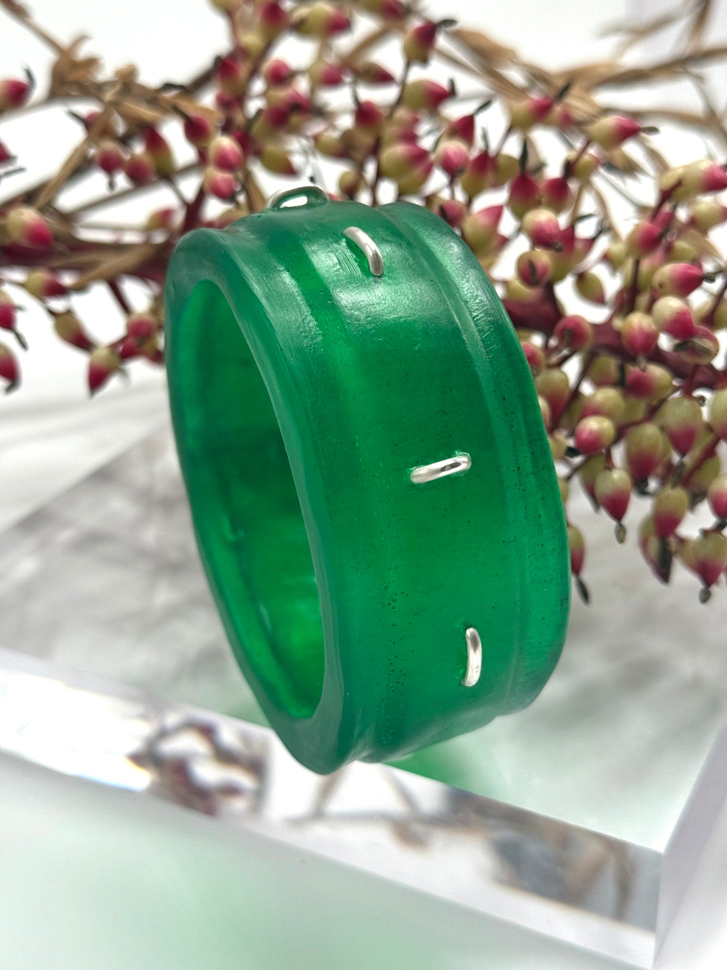 Jade Green Oval Thick Rim Resin & silver wide bangle - regular hand size