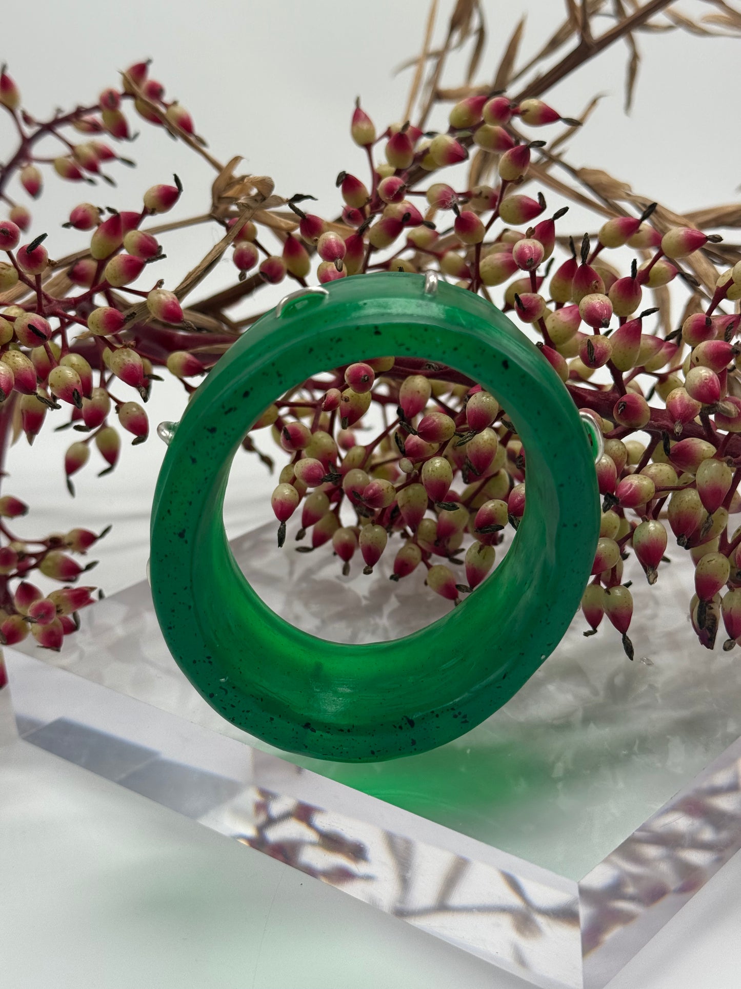 Jade Green Oval Thick Rim Resin & silver wide bangle - regular hand size