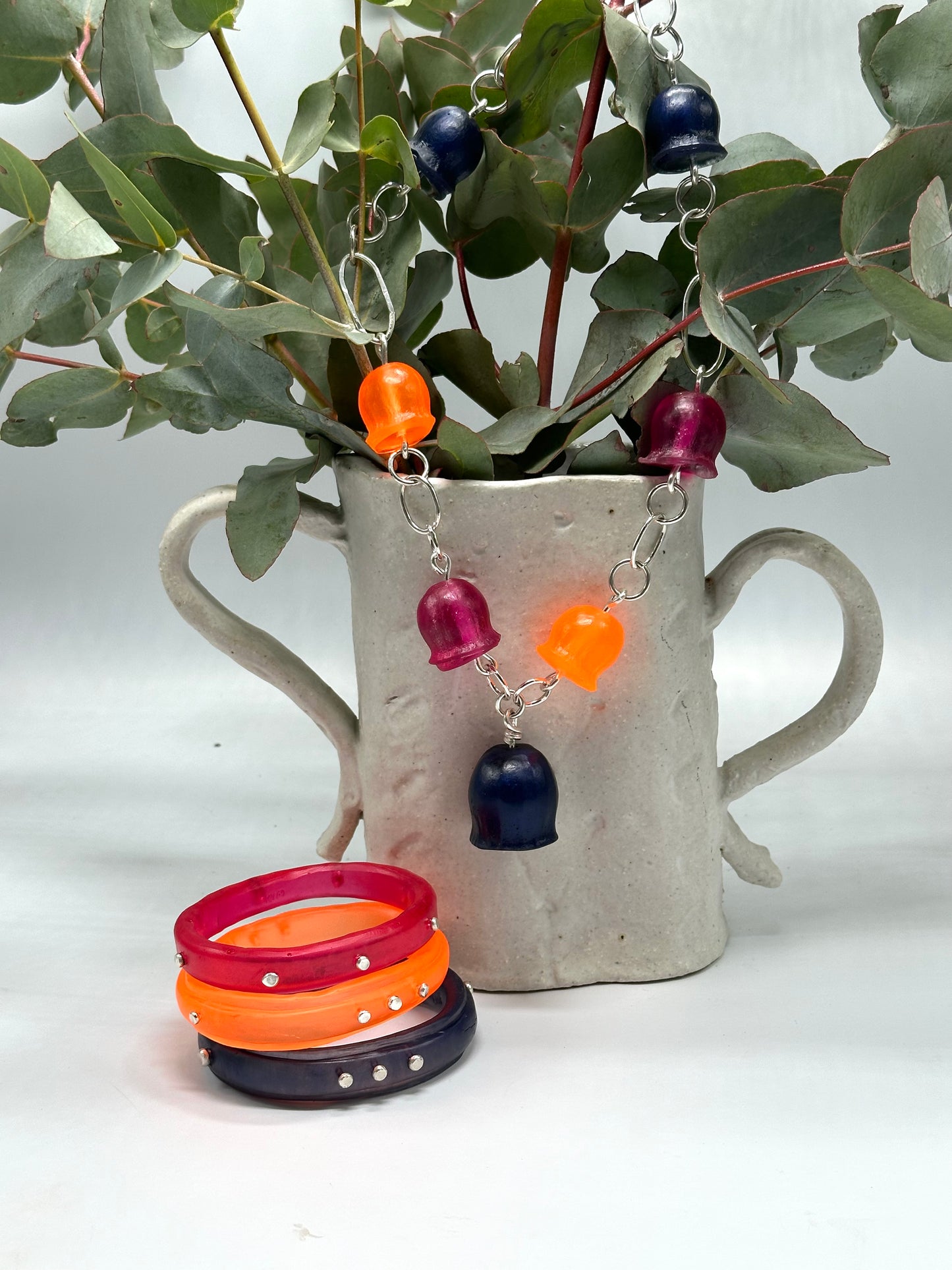Multi coloured Gum nut resin beads with sterling silver