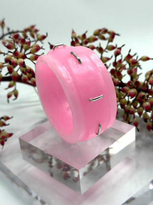 Baby Pink Oval Thick Rim Resin & silver wide bangle - regular hand size