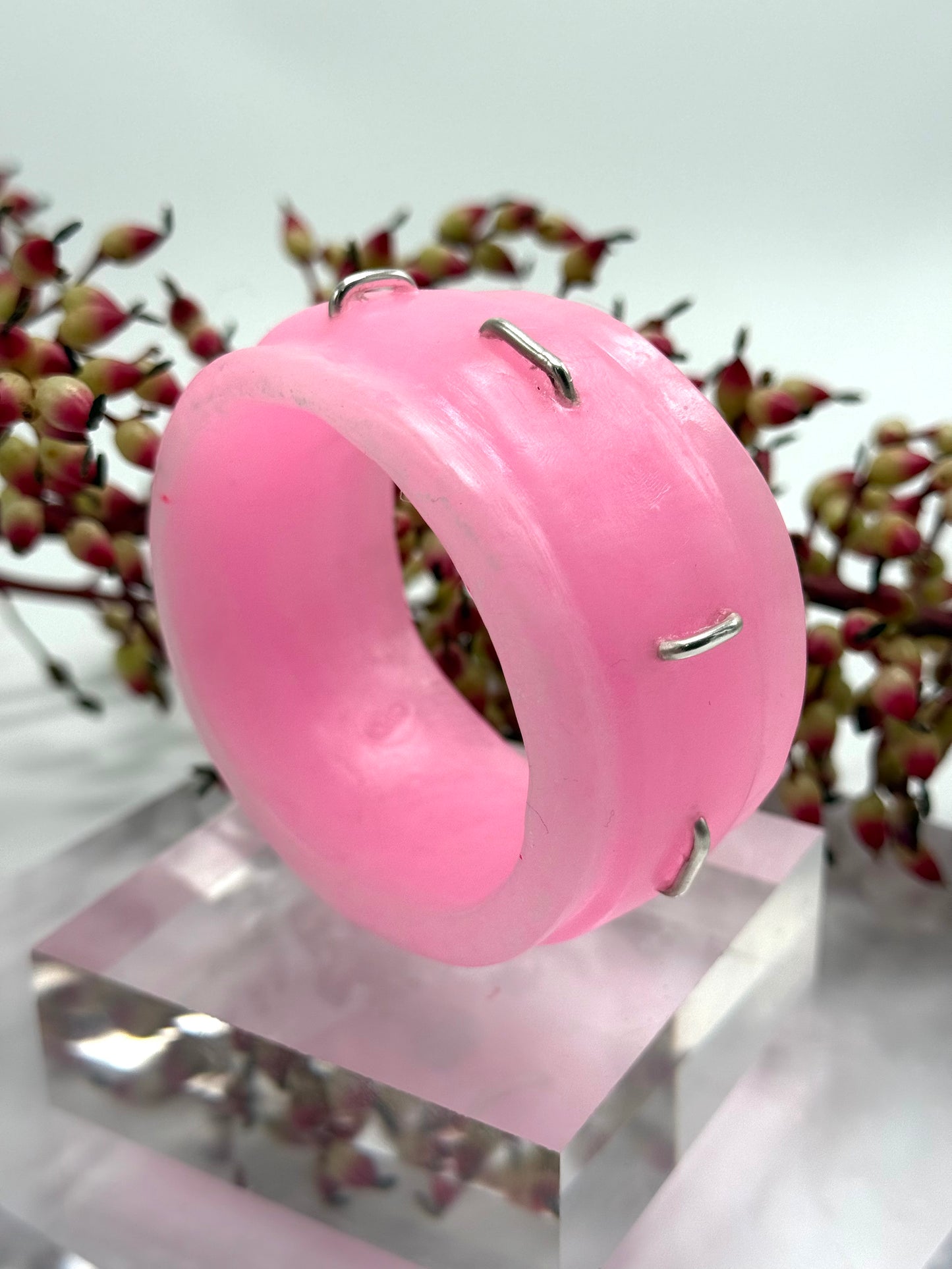 Baby Pink Oval Thick Rim Resin & silver wide bangle - regular hand size