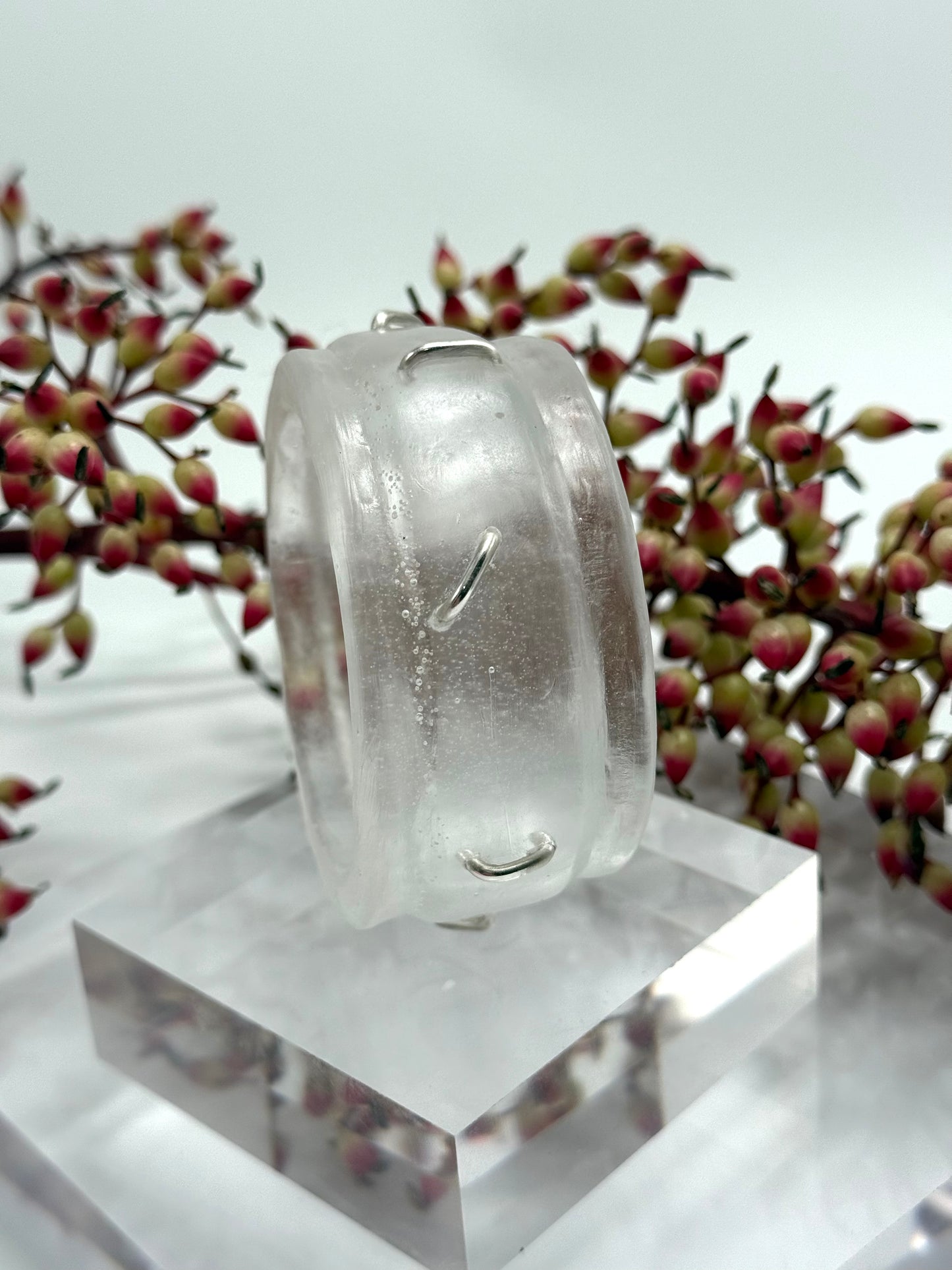 Clear Oval Thick Rim Resin & silver wide bangle - regular hand size