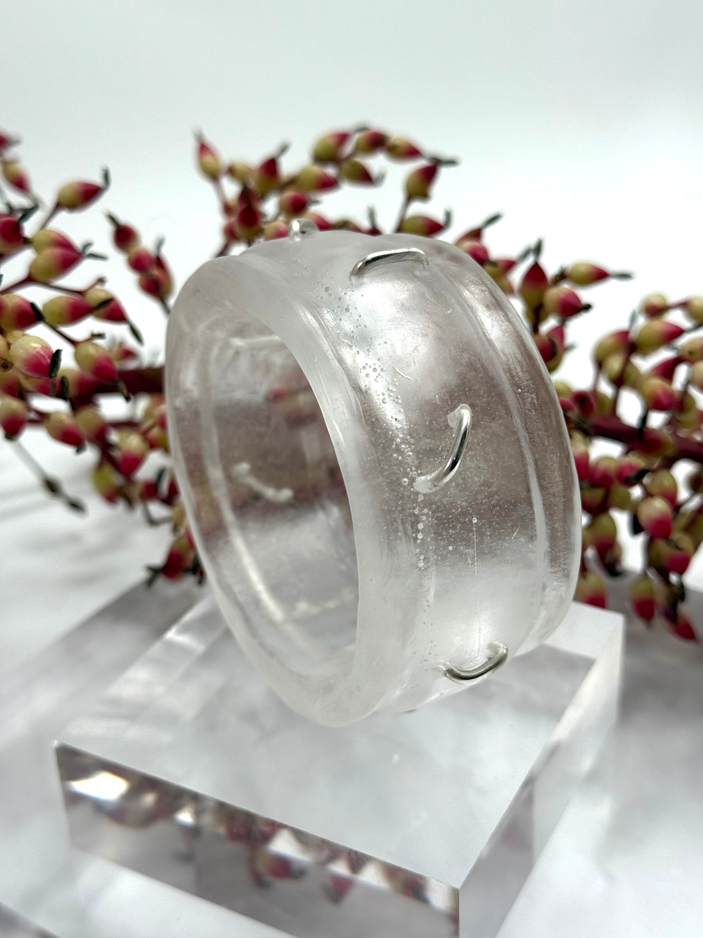 Clear Oval Thick Rim Resin & silver wide bangle - regular hand size