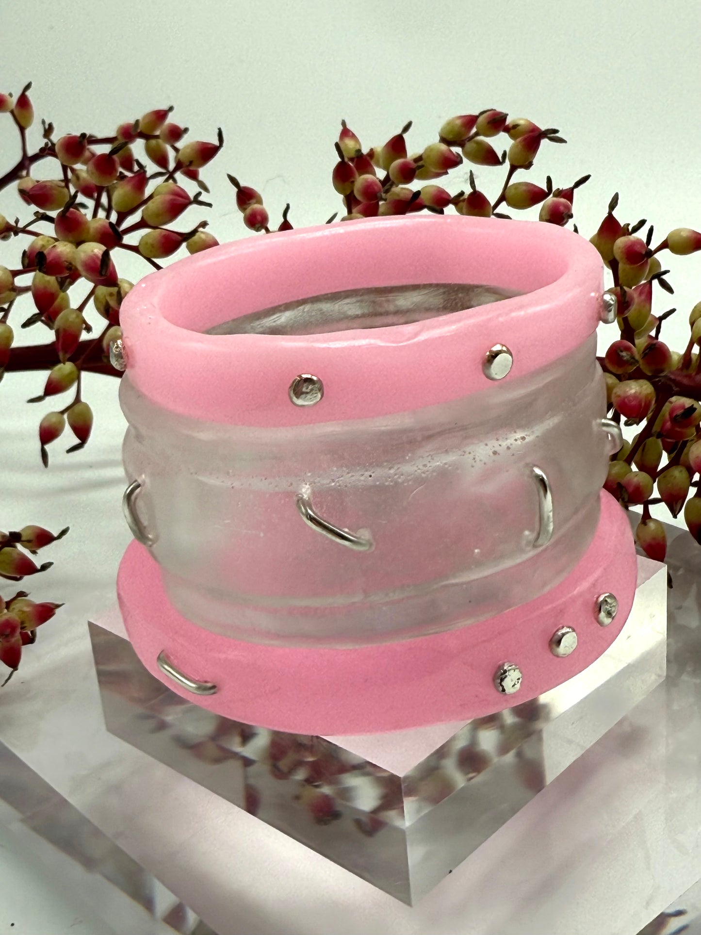 Baby Pink Oval Thick Rim Resin & silver wide bangle - regular hand size