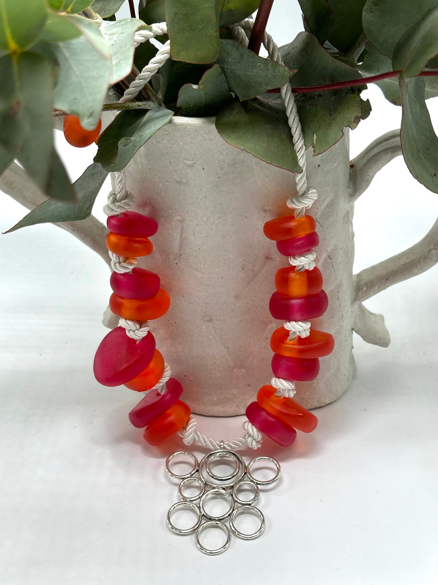 Red & Orange resin beads with sterling silver pendant