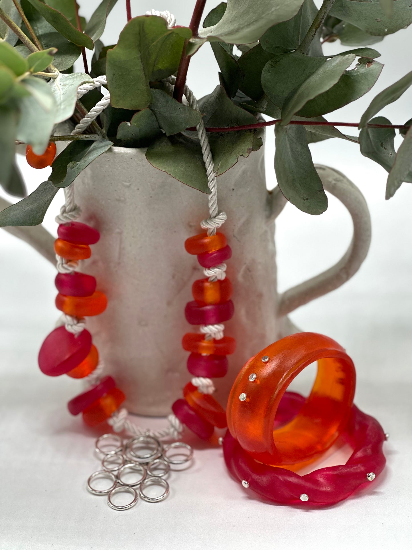 Red & Orange resin beads with sterling silver pendant