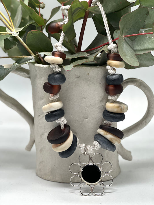 Natural Creams & Brown resin beads with sterling silver pendant