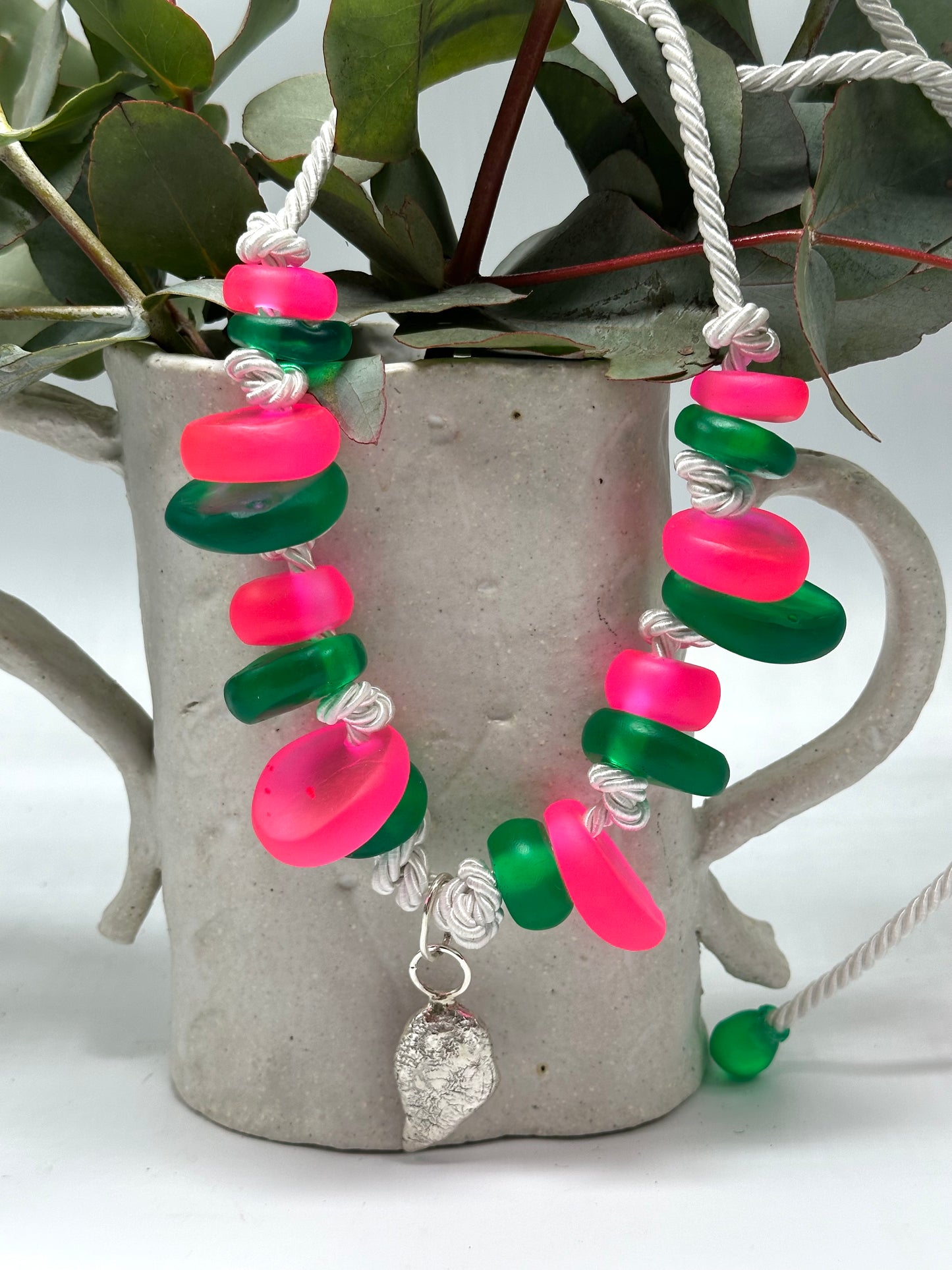 Green & Hot pink  resin beads with sterling silver pendant