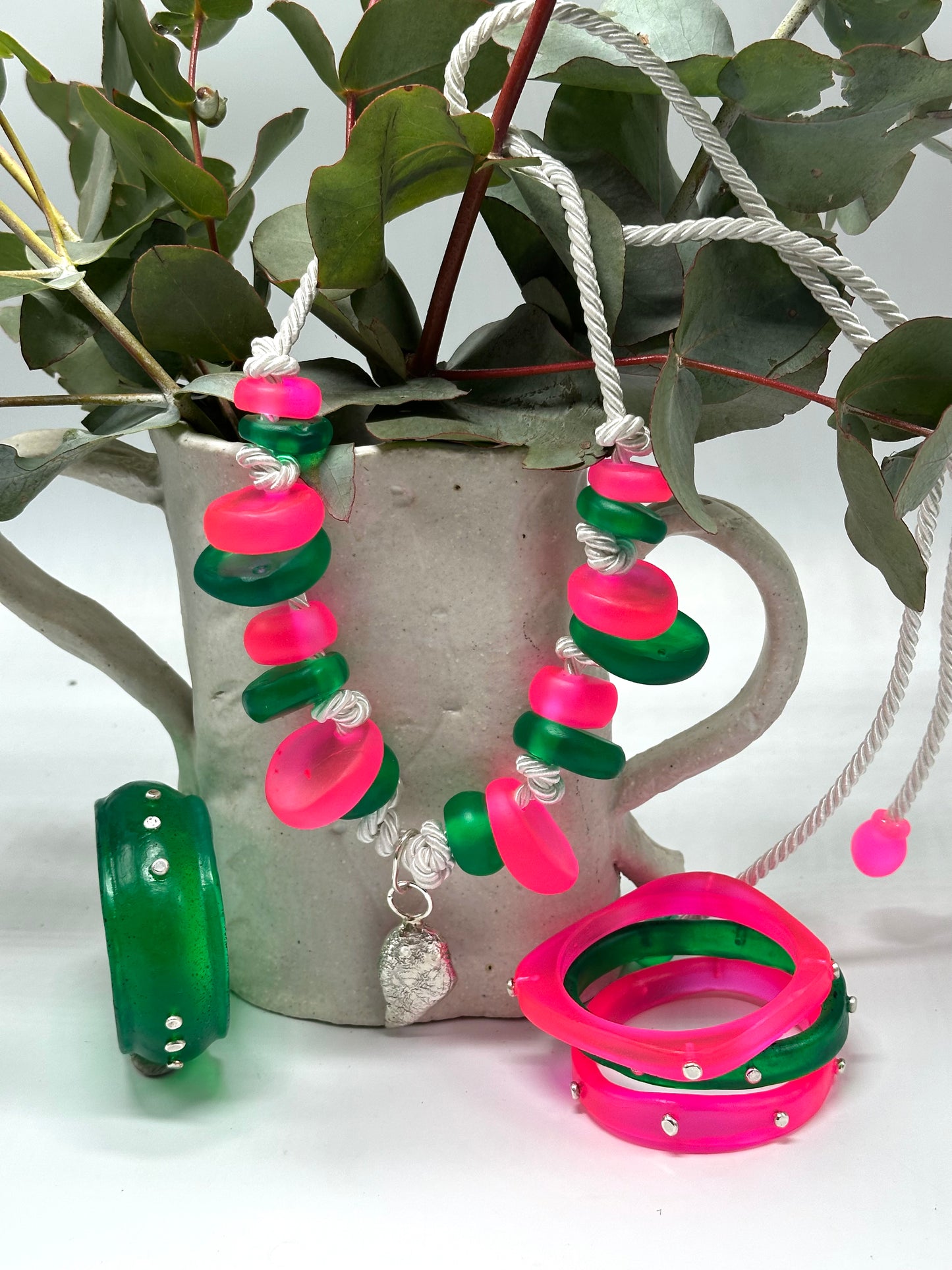 Green & Hot pink  resin beads with sterling silver pendant