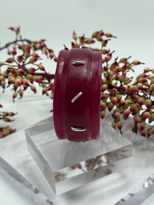 Cherry coloured Oval Thick Rim Resin & silver wide bangle - regular hand size