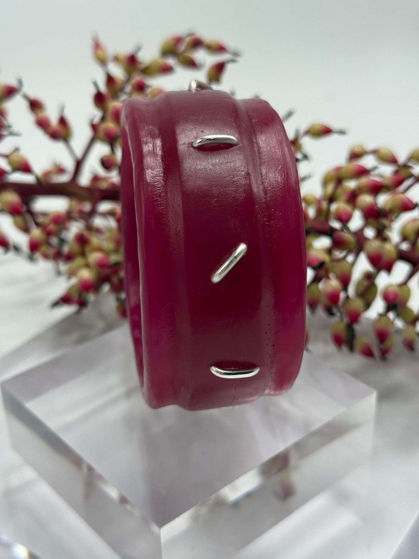 Cherry coloured Oval Thick Rim Resin & silver wide bangle - regular hand size