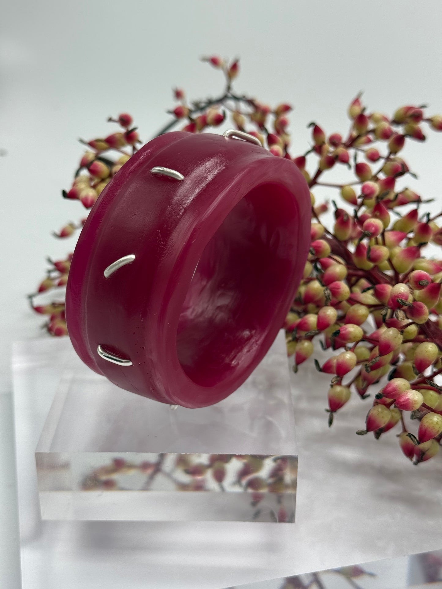 Cherry coloured Oval Thick Rim Resin & silver wide bangle - regular hand size