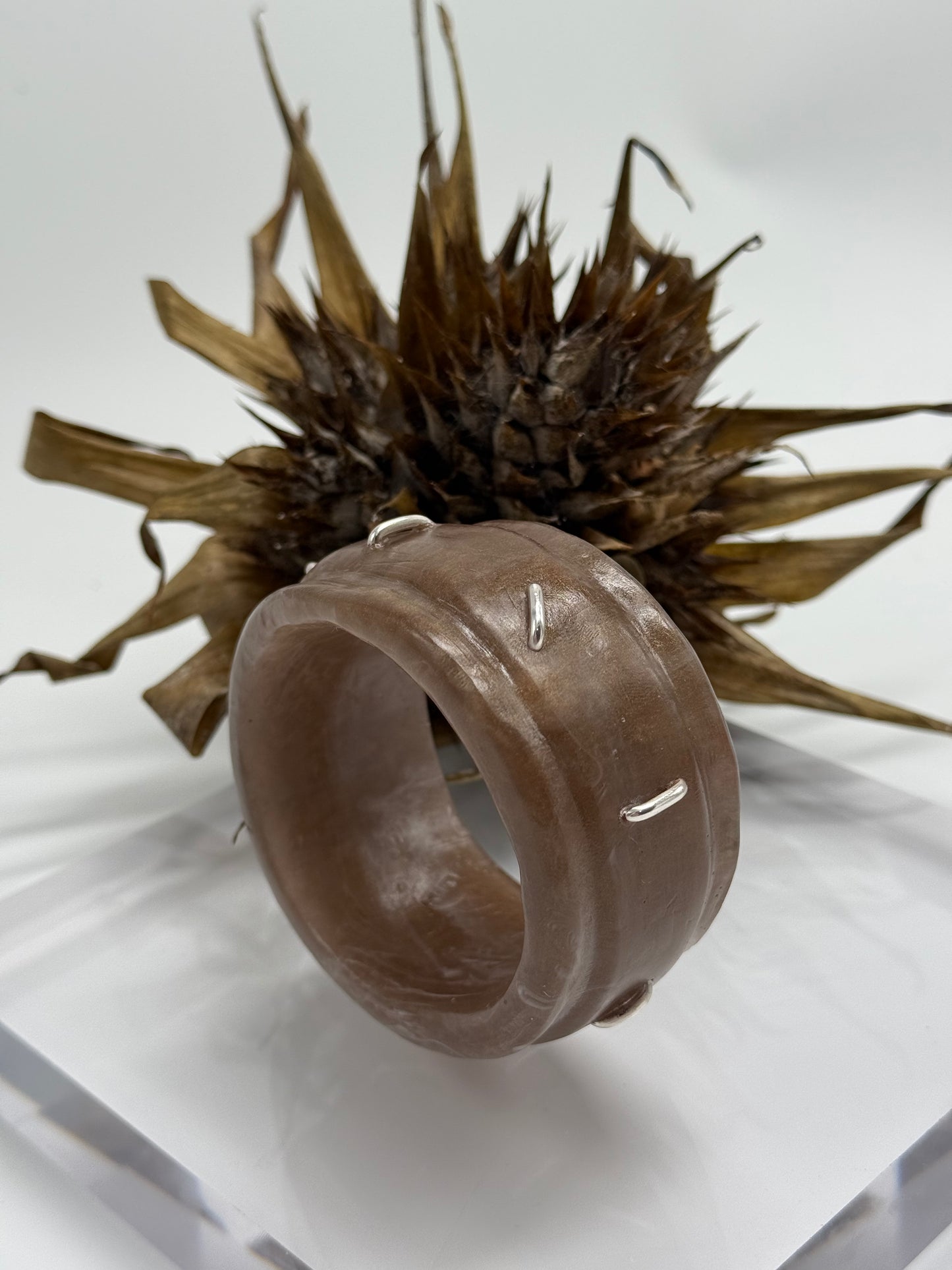 Smoky Brown Oval Thick Rim Resin & silver wide bangle - regular hand size